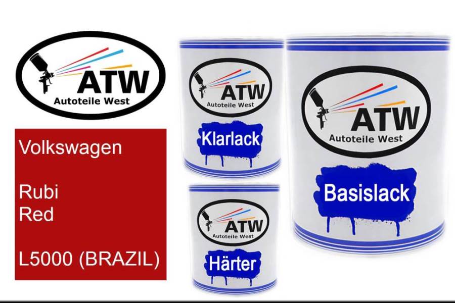 Volkswagen, Rubi Red, L5000 (BRAZIL): 1L Lackdose + 1L Klarlack + 500ml Härter - Set, von ATW Autoteile West.